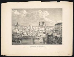 Ansicht der Ruinen in Hamburg nach dem großen Stadtbrand, Lithografie, ab 1842 : Panorama von Hamburg : nach dem unglücklichen Brande vom 5. bis zum 8. Mai 1842 von dem höchsten Haus in der Wassertwiete gesehen / Nach der Natur gezeichnet von G. Fährmann. - Hamburg : B.S. Berendsohn ; [ab 1842]. - 1 Ansicht : Lithografie ; 33 x 45 cm, Blattgröße 49 x 63 cm