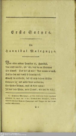 Erste Satyre. An Hannibal Maleguzzo