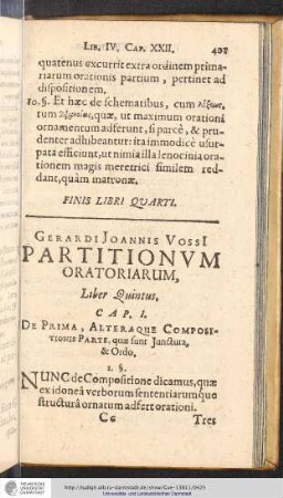 Gerardi Joannis Vossi Partitionum Oratoriarum. Liber Quintus