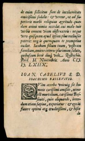 Ioan. Caselius S. D. Ioachimo Bassevitio.
