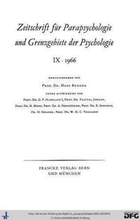 Band 9: Zeitschrift für Parapsychologie und Grenzgebiete der Psychologie
