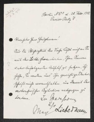 Brief von Max Liebermann an Gerhart Hauptmann