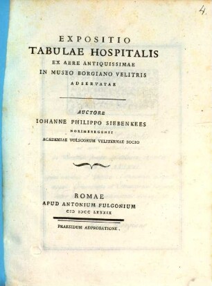Expositio tabulae hospitalis ex aere antiquissimae in Museo Borgiano Velitris adservatae