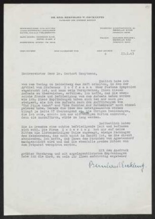 Brief von Bernhard Ercklentz an Gerhart Hauptmann