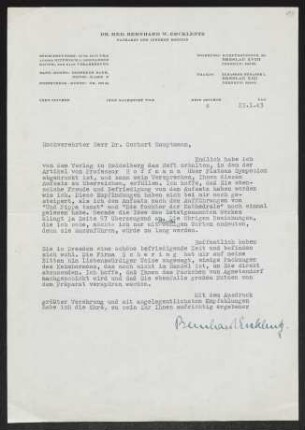 Brief von Bernhard Ercklentz an Gerhart Hauptmann
