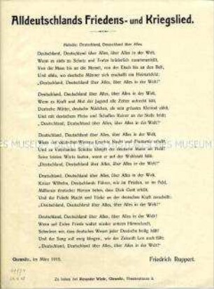 Flugblatt mit monarchistischem und patriotischem Liedtext zur Melodie von "Deutschland, Deutschland, über Alles"