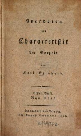 Anekdoten zur Charakteristik der Vorzeit, 1. Charakteristik des Adels der Vorzeit in Anekdoten. - 276 S.