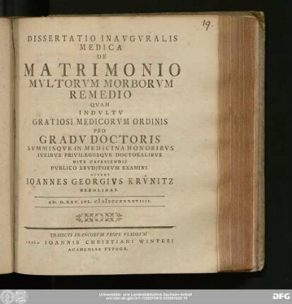 Dissertatio Inavgvralis Medica De Matrimonio Mvltorvm Morborvm Remedio