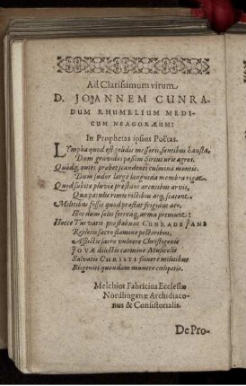 Ad Clarissimum virum D. Joannem Cunradum Rhumelium Medicum Neagoraeum: In Prophetas ipsius Poetas