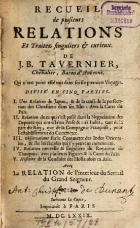 Recueil de plusieurs relations et traitez singuliers & curieux de J. B. Tavernier : [du Japon]