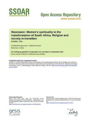 Rezension: Women's spirituality in the transformation of South Africa. Religion and society in transition