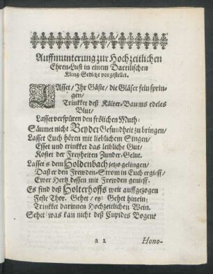 Auffmunterung zur Hochzeitlichen Ehren-Lust in einem Dactilischen Kling-Gedicht vorgestellet.