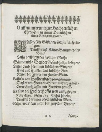 Auffmunterung zur Hochzeitlichen Ehren-Lust in einem Dactilischen Kling-Gedicht vorgestellet.