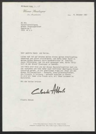 Brief an Konzertvereinigung Wiener Staatsopernchor, 09.10.1991
