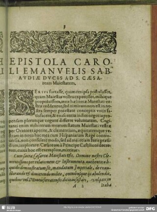 Epistola Caroli Emanuelis Sabaudiae Ducis Ad S. Caesaream Maiestatem