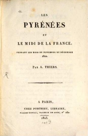 Les Pyrénées et le Midi de la France : pendant le Mois de Novembre et Decembre 1822