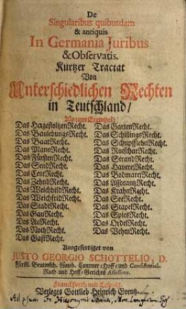 De singularibus quibusdam & antiquis in Germania iuribus & observatis : Kurtzer Tractat von unterschiedlichen Rechten in Teutschland