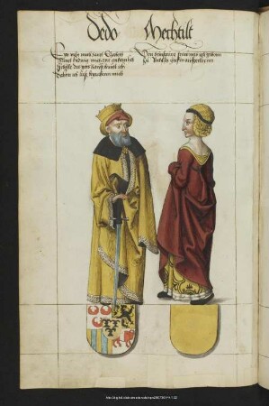 Bl. 56v: Dedo, Mechtilt : Dedo V. der Feiste v. Groitzsch, Mkgf. der Niederlausitz + 1190 (S. Konrad des Großen) oo Mathilde v. Heinsberg, T. d. Goswin