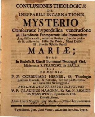 Conclusiones theol. de ineffabili incarnationis mysterio