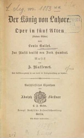 Der König von Lahore : Oper in fünf Akten (Sieben Bilder)
