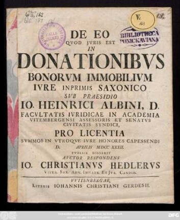 De Eo Qvod Jvris Est In Donationibvs Bonorvm Immobilivm Ivre Inprimis Saxonico