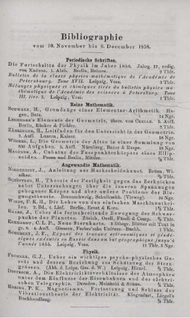 Bibliographie vom 10. November bis 6. December 1858.
