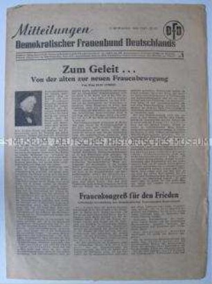 Erste Ausgabe des Mitteilungsblattes des Demokratischen Frauenbundes u.a. zur Gründungsversammlung des DFD