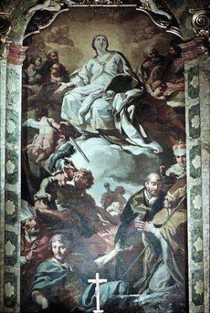 Die heilige Katharina in den Wolken, umgeben von Heiligen