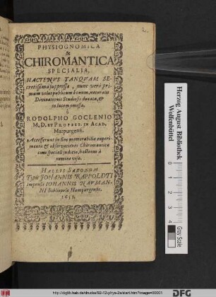 Physiognomica & Chiromantica Specialia : Hactenus Tanquam Secretissima supressa