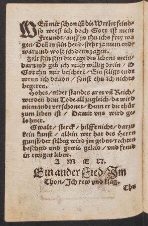 Ein ander Lied/ Jm || Thon/ Jch rew vnd klag. ||