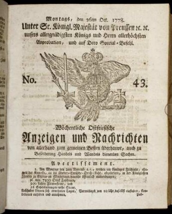 No. 43. Montags, den 26ten Oct. 1778.