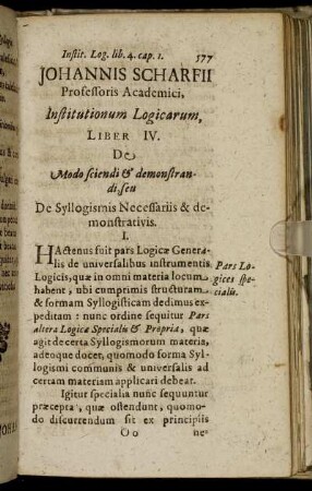Liber IV. De Modo sciendi & demonstrandi, seu De Syllogismis Necessariis & demonstrativis.