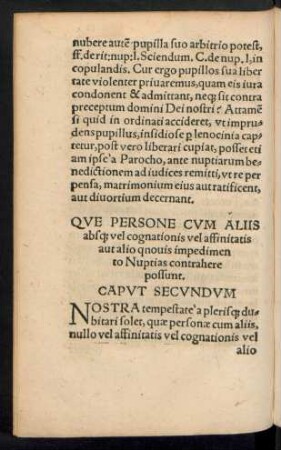 Que Persone Cum Aliis absque vel cognationis vel affinitatis aut alio qnovis impedimento Nuptias contrahere possunt. Caput Secundum