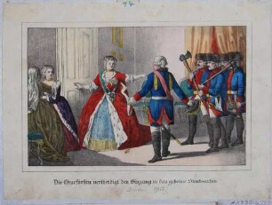 Die sächsische Kurfürstin Maria Josepha verwehrt Preußischen Truppen zu Beginn des Siebenjährigen Krieges 1756 den Zutritt zum geheimen Staatsarchiv in Dresden
