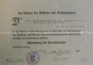 Besitzzeugnis für die militärische Auszeichnung "Ehrenkreuz für Frontkämpfer" für Professor Johannes Paul; Greifswald, 22. Januar 1935