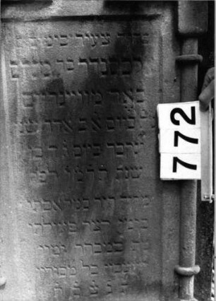 Grabstein 772 (Index: 99802252) Material: Sandstein Zustand: leicht verwittert Maße HxBxT: 128x58x20 cm Beschreibung: Sock/St. m. verdacht. eingezog. Rundbogen, Seitenakroterien, zwei Halbsäulen Symbolik: Seitenakroterien, 2 Halbsäulen Besonderheit: Endreim: Grabstein 772 (Detailaufnahme)
