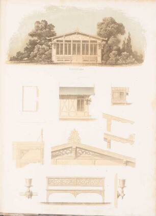 Gartenlaube: Grundriss, Vorderansicht, Seitenansicht, Details (aus: Architektonisches Skizzenbuch, H. 22, 1855)