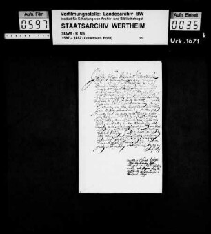 Georg Schürger, Bürger und Fischer zu Wertheim (Wertheimb), verkauft an Graf Ferdinand Karl zu Löwenstein, Wertheim einen Bauplatz zu Kreuzwertheim um 2 Malter Korn.