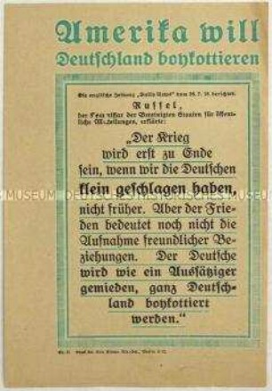 Flugblatt mit einem Zitat des amerikanischen Politikers Russel aus der britischen Zeitung "Daily News" über die Haltung der Weltöffentlichkeit gegenüber Deutschland nach Kriegsende