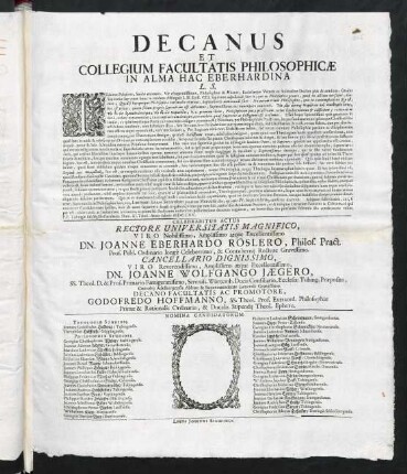 Decanus Et Collegium Facultatis Philosophicae In Alma Hac Eberhardina L. S.