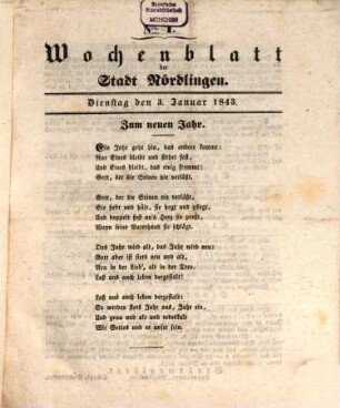 Wochenblatt der Stadt Nördlingen. 1843