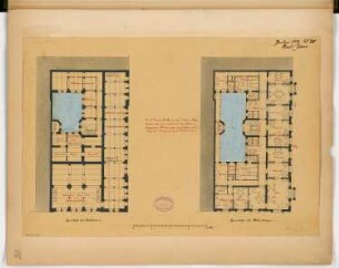 Wohn- und Geschäftshaus für die Fa. Faber, Berlin Monatskonkurrenz Januar 1882: Grundriss Keller, 2. Obergeschoss; Maßstabsleiste, Ergänzungstext