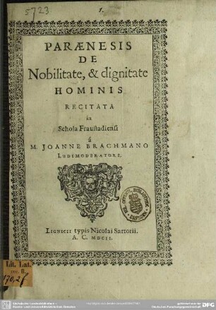 Paraenesis de nobilitate et dignitate hominis