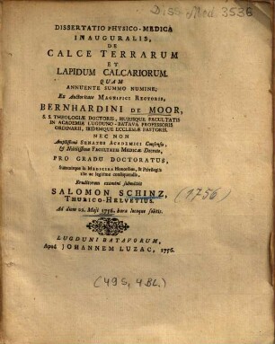 Dissertatio Physico-Medica Inauguralis, De Calce Terrarum Et Lapidum Calcariorum