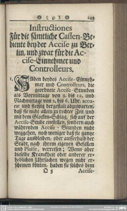 Instructiones Für die sämtliche Cassen-Bediente bey der Accise zu Berlin, und zwar für die Accise-Einnehmer und Controlleurs