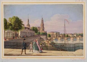 Die Brühlsche Terrasse in Dresden von der Jungfernbastei nach Westen mit Café Reale, Brühlscher Galerie, Katholischer Hofkirche, erster Semperoper und Augustusbrücke