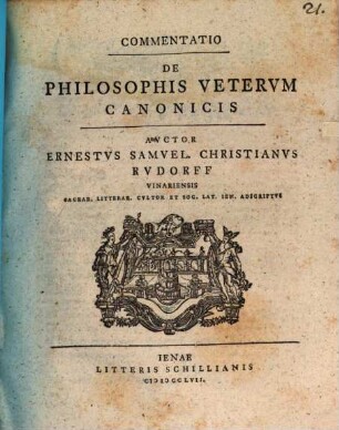 Commentatio De philosophis Veterum Canonicis