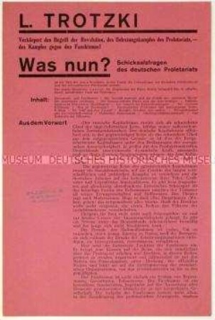 Werbung für Lew Trotzkis Werk "Was nun? Schicksalsfragen des deutschen Proletariats" von 1932
