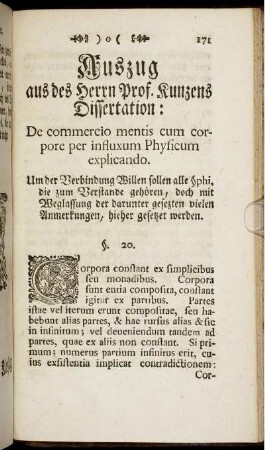 Auszug aus des Herrn Prof. Kunzens Dissertation: De commercio mentis cum corpore per influxum Physicum explicando.