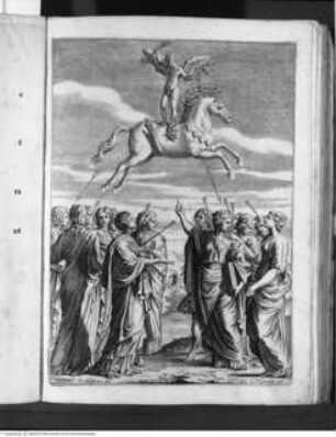 Documenti d'Amore di M. Francesco BarberinoAmor auf Pegasus in den Lüften schwebend und Pfeile werfend - Blatt 16: Der Triumph Amors